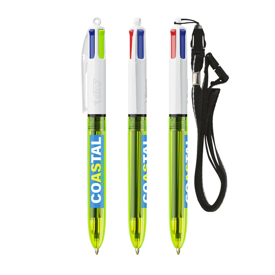 BIC® 4 Colours® Fluo -kuulakärkikynä kaulanauhalla
