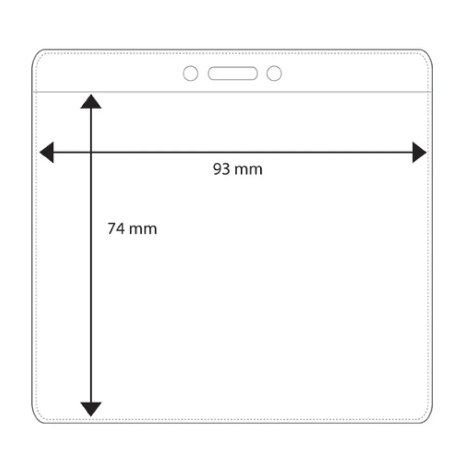 Vaakamallinen läpinäkyvä muovitasku korteille, yläreunassa aukko ja kaksi reikää, mitat 93x74 mm.