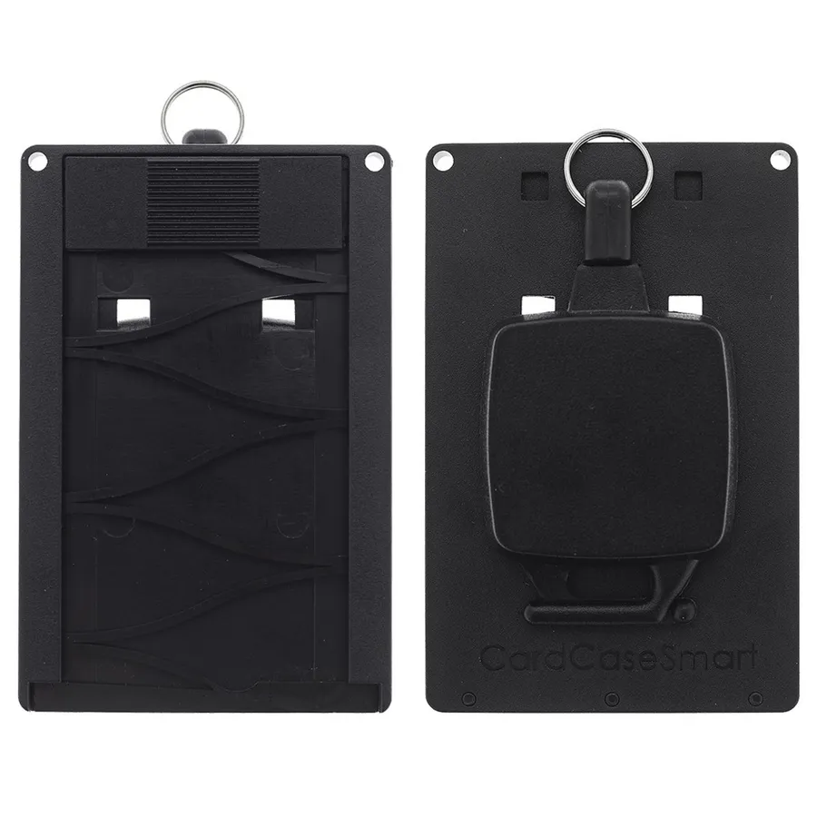 Musta CardCase Smart -korttikotelo ja CardKeep Yoyo 4 -kela avainrenkaalla edestä ja takaa.