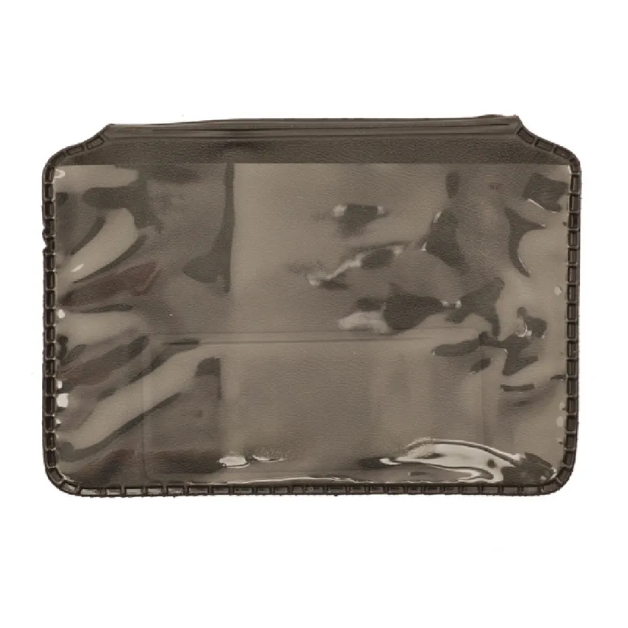 Musta vaakamallinen muovitasku, jonka etupuoli on läpinäkyvä.