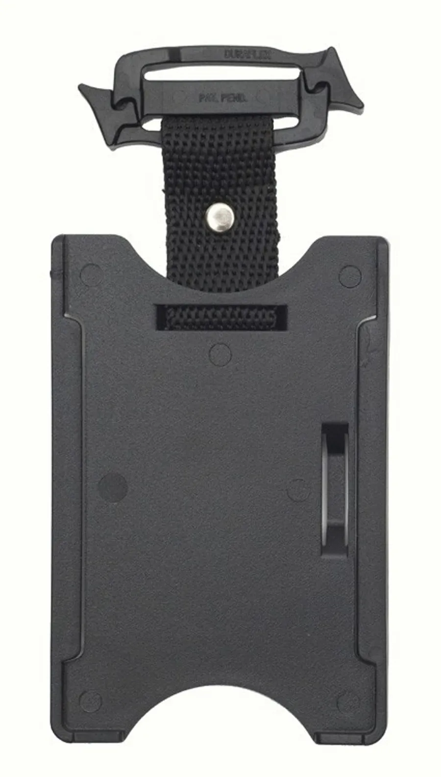 Musta CardKeep Duo -korttikotelo, jossa nauha ja avattava muovipidike sekä sivun liukukytkin.