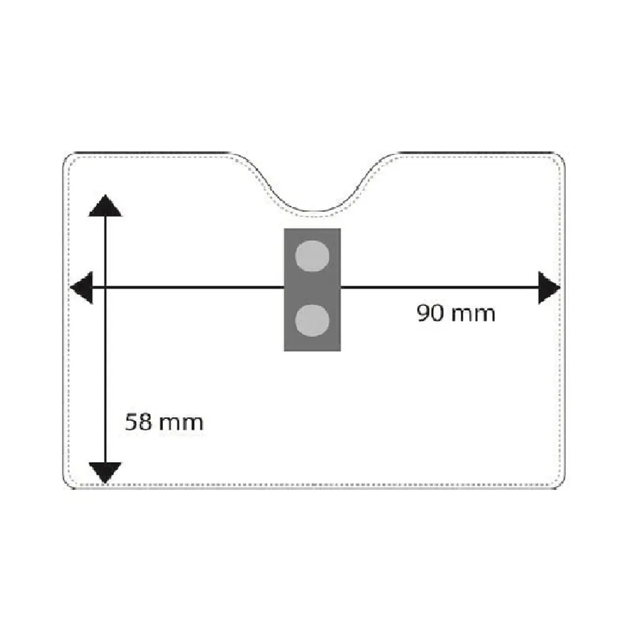 Vaakamallinen korttikotelo, jonka yläreunassa on lovi ja takana metalliklipsi; mitat 90 x 58 mm.
