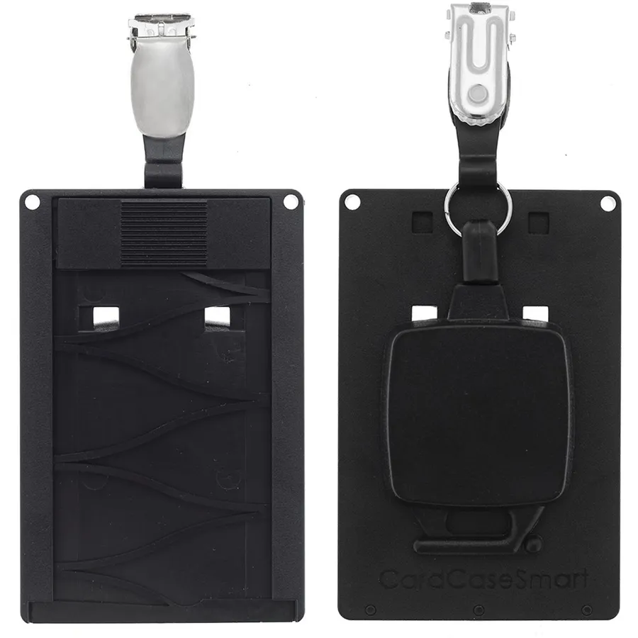 Musta CardCase Smart -korttikotelo, CardKeep Yoyo 4 -jojo ja metallinen Unihook-pidike edestä ja takaa.