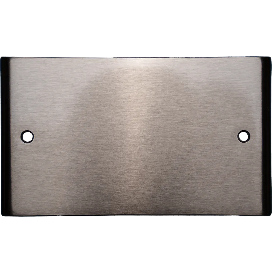 Silver-coloured rectangular door sign with two screw holes, no print.