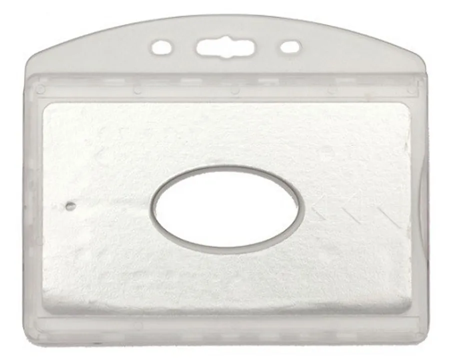 Läpinäkyvä vaakamallinen RFID-korttikotelo, jossa soikea aukko ja kiinnitysreiät yläreunassa.