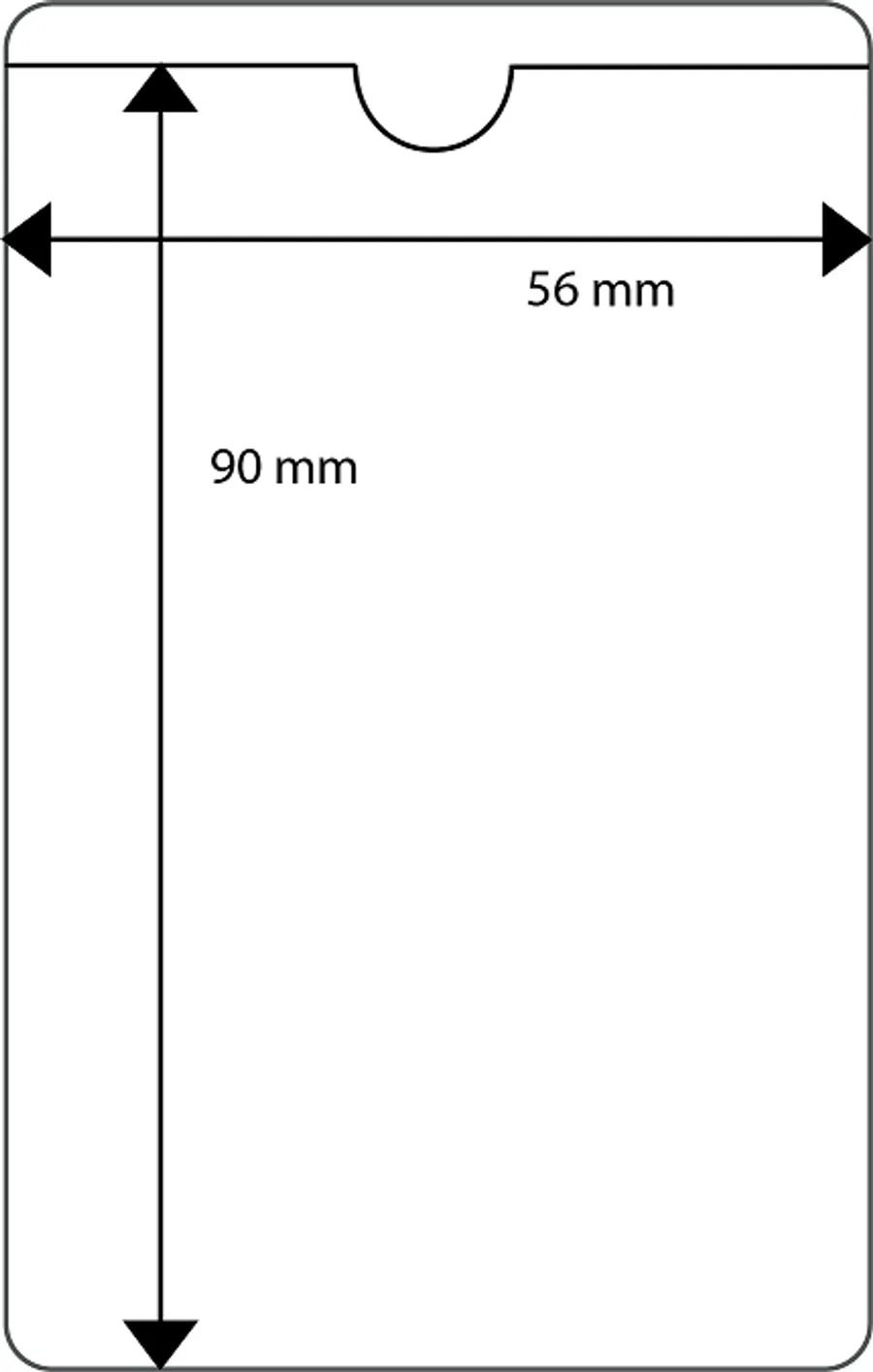 Itseliimautuva muovitasku, jossa yläreunassa peukalolovi ja sisämitat 56 x 90 mm.