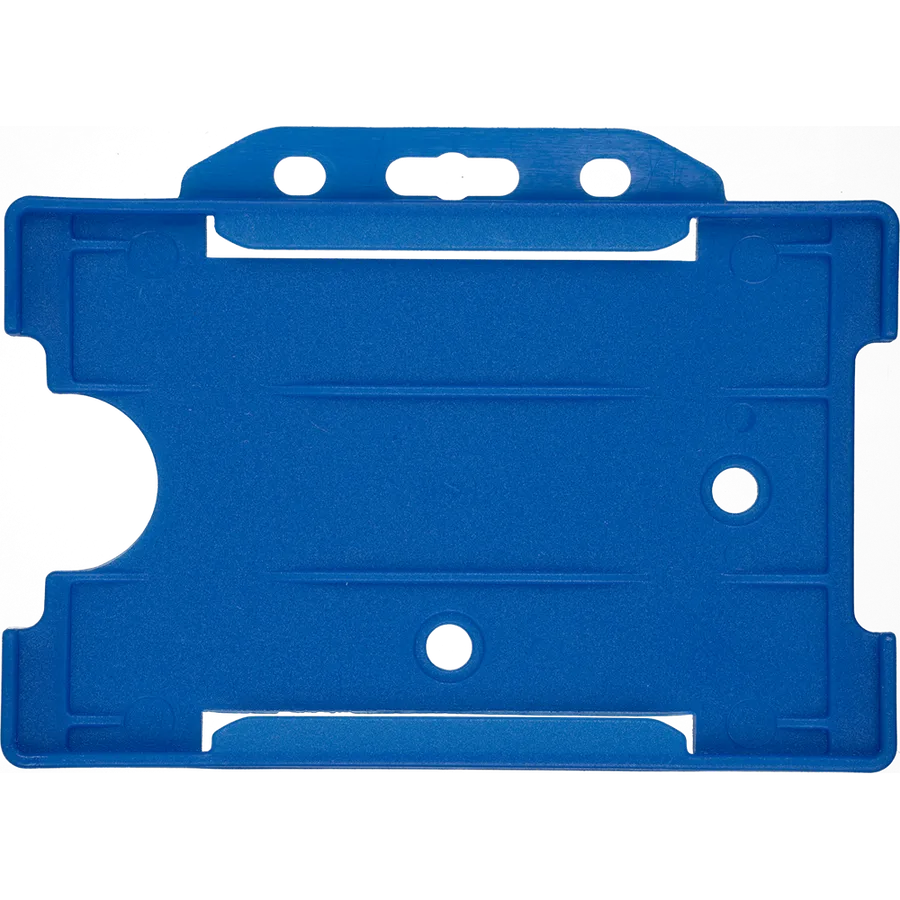Blue horizontal plastic card holder with a thumb notch and attachment holes, no print.