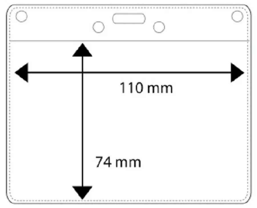 Vaakamallinen muovitasku henkilökortille, yläreunassa kiinnitysreiät ja mitat 110x74 mm.