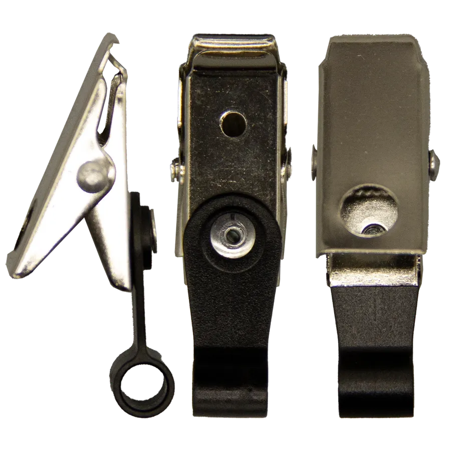 CardKeep Unihook A card holder with metal clip and black hook, shown from three angles.