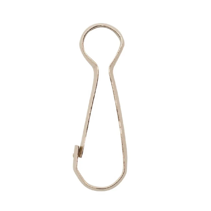Metallinen karabiinihaka, jossa pisaramainen lenkki ja avautuva haka.