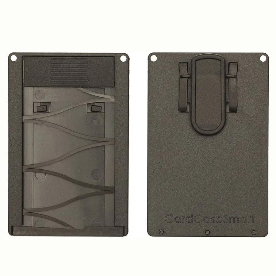 CardCase Smart -korttikotelo edestä ja takaa kuvattuna, takapuolella muovipidike.