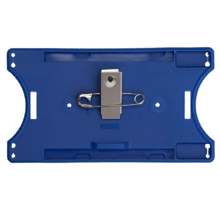 Sininen vaakamallinen CardKeep Multi Duo -korttikotelo, jossa metalliklipsi ja hakaneula.