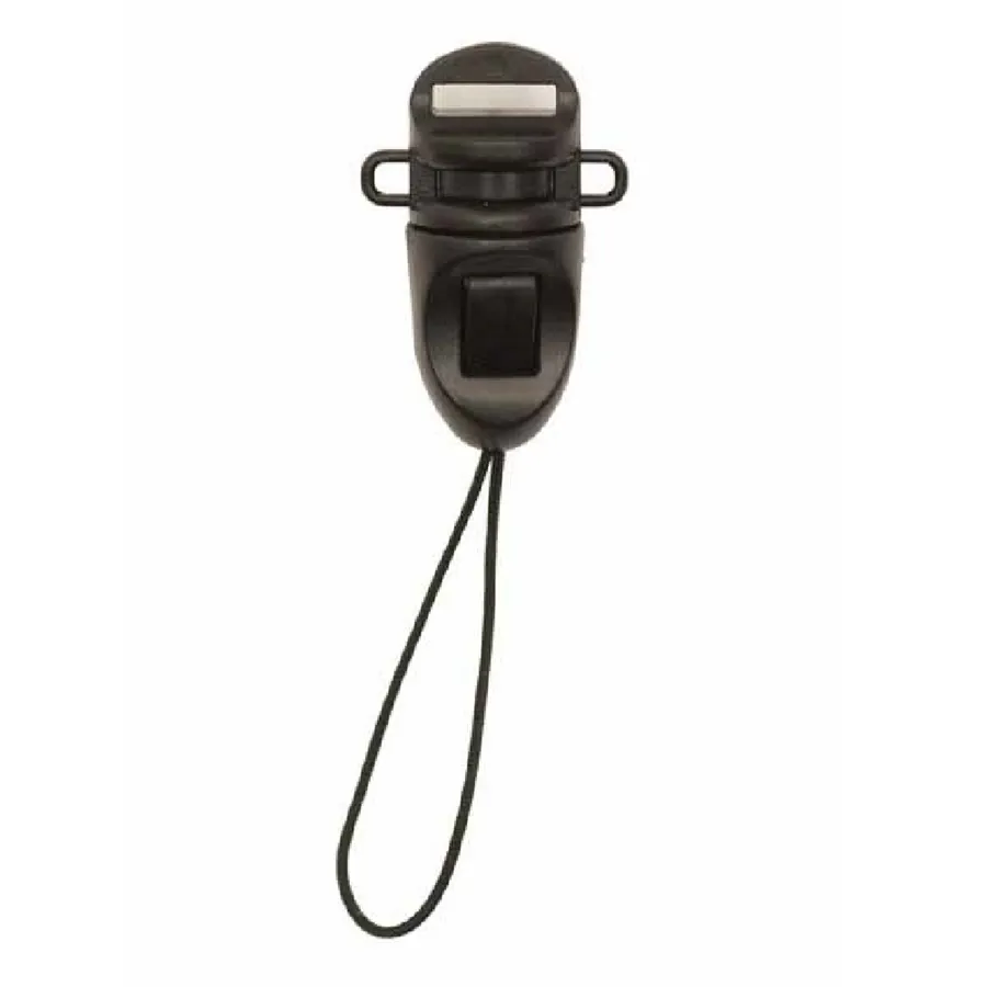 Musta käännettävä puhelinpidike pikalukituksella ja nauhalenkillä.