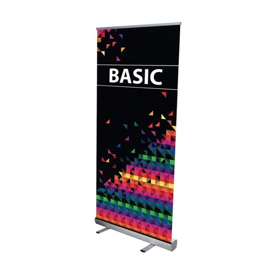 Roll-up with a black background, colourful triangle print and the text BASIC.