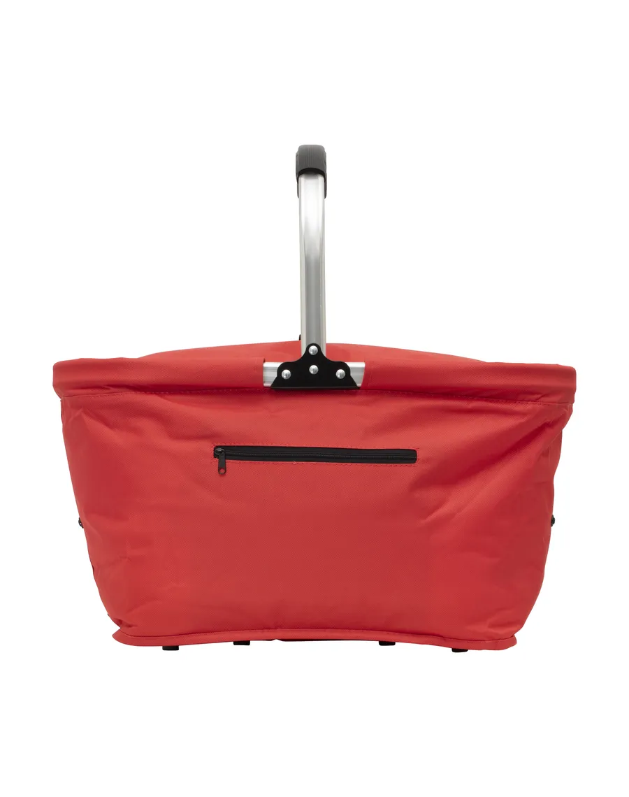 Punainen Carry coolerkori, jossa metallinen kantokahva ja vetoketjullinen etutasku.