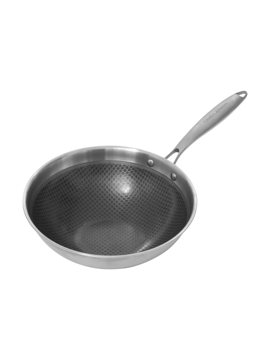 Teräksenvärinen syvä pastakattila, jossa pitkä varsi ja hunajakennokuvioitu tarttumaton sisäpinta.