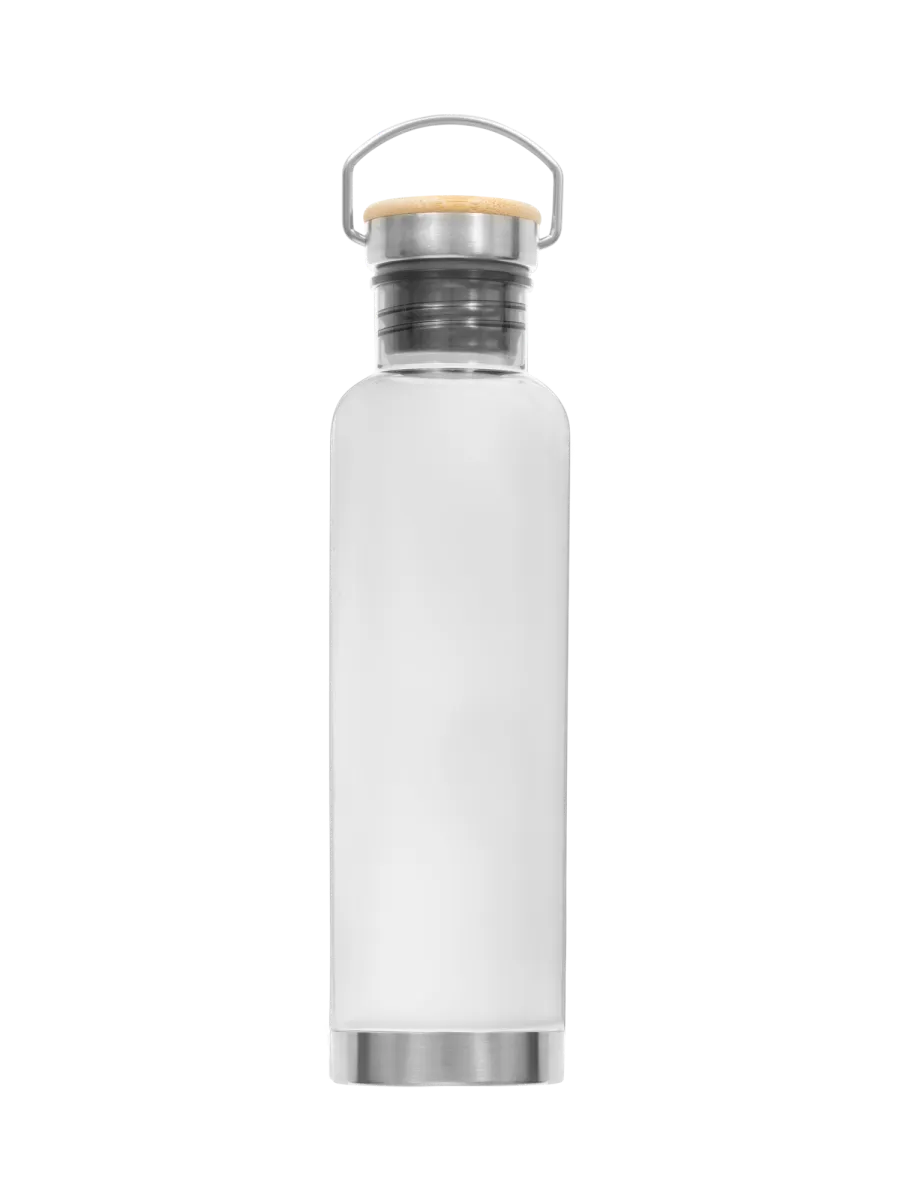 Kirkas 80 cl juomapullo, jossa bambukantinen korkki ja metallinen kantosanka.
