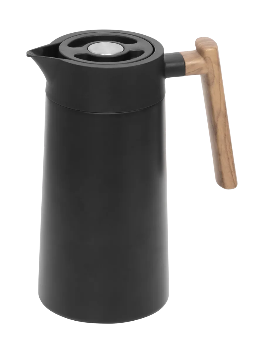 Musta Java-termoskannu, jossa kaatonokka, painikkeellinen kansi ja vaalea kaareva kahva.