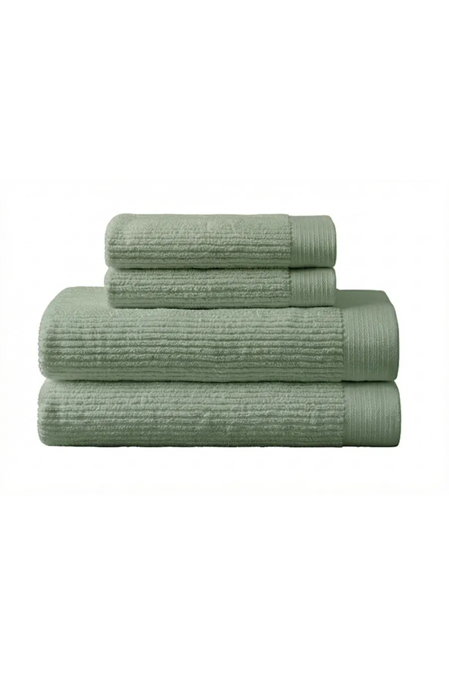 Green terry towel set of two large and two small towels stacked, no print.