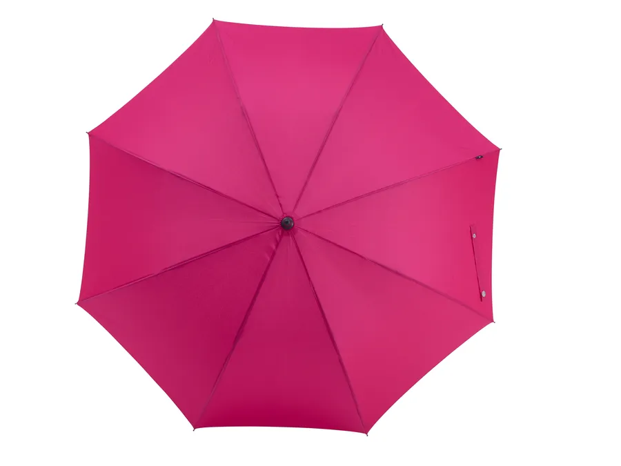 Avattu cerise-värinen sateenvarjo ylhäältä kuvattuna.