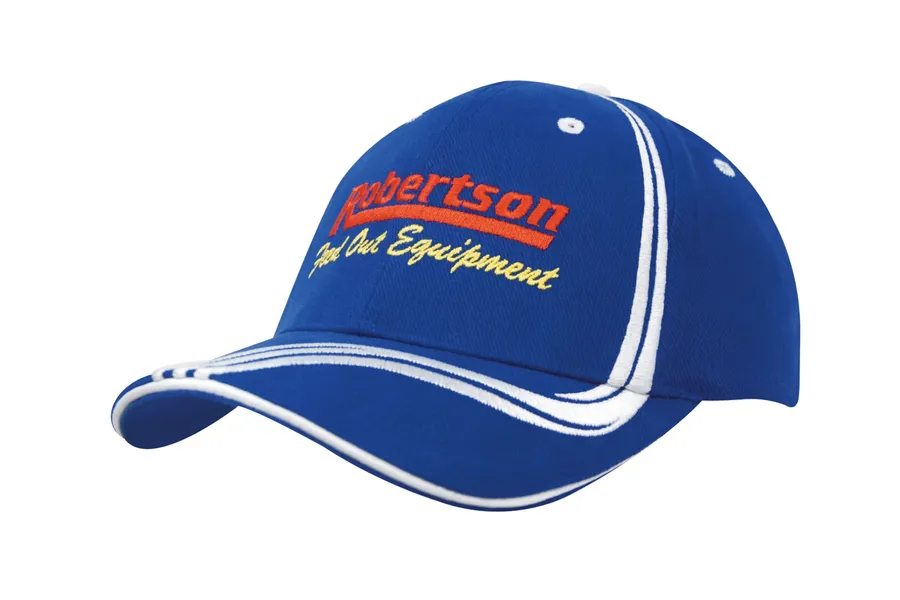 Sininen lippis, jossa valkoiset brodeeratut aaltokuviot ja monivärinen logo etuosassa.