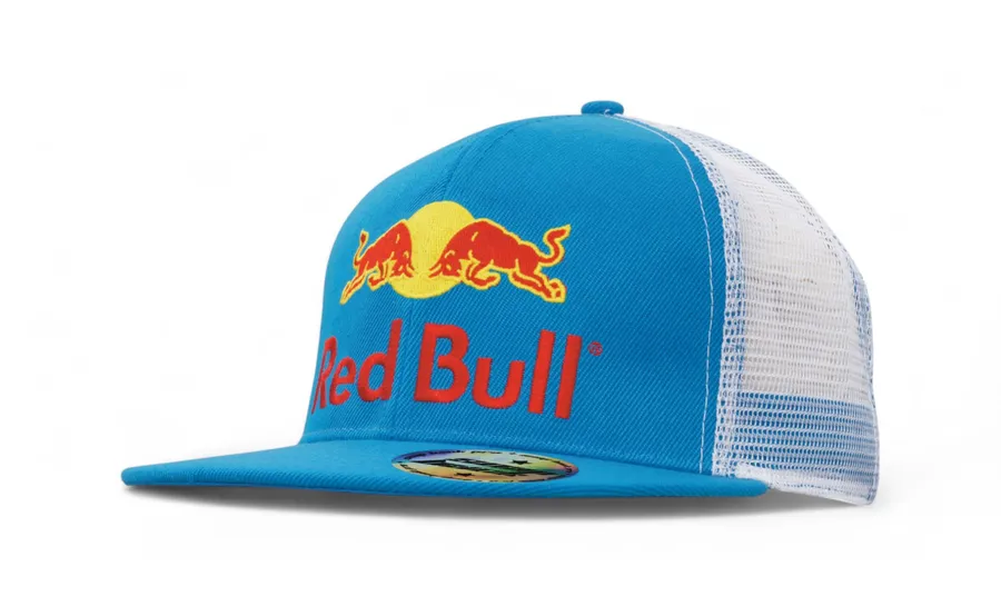 Sinivalkoinen suoralippainen snapback-lippis verkkotaustalla ja etuosan logopainatuksella.