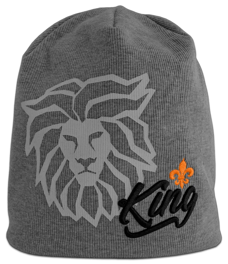 Harmaa pipo, jossa leijonan pään kuva sekä oranssi ja musta King-kuvio.