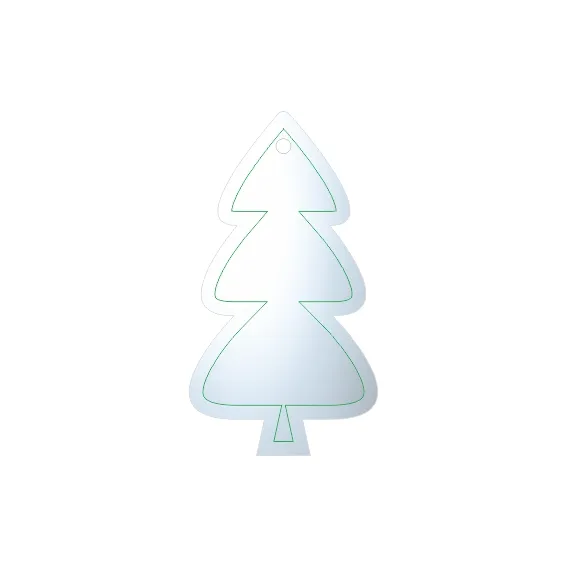 Kuusen muotoinen vaalea pehmoheijastin, jonka yläreunassa on kiinnitysreikä.