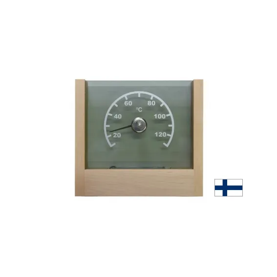 Neliön muotoinen saunamittari, jossa on vaalea koivukehys ja akryylilasin takana näkyvä asteikko.