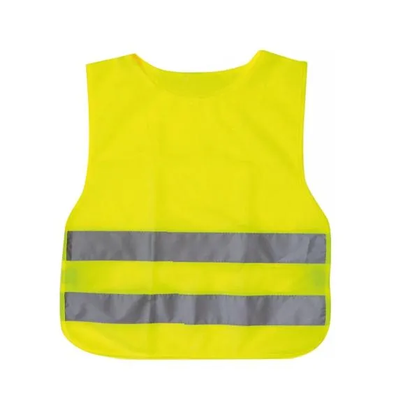 Keltainen turvaliivi, jossa kaksi harmaata heijastavaa raitaa etukappaleen alaosassa.