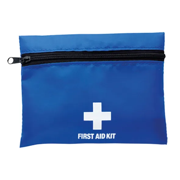Sininen vetoketjullinen ensiapupussi, jonka etupuolella valkoinen risti ja teksti First Aid Kit.
