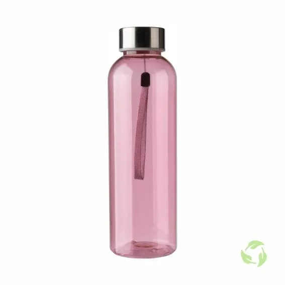 Läpikuultava vaaleanpunainen 500 ml:n juomapullo, jossa teräskorkki ja kantolenkki.