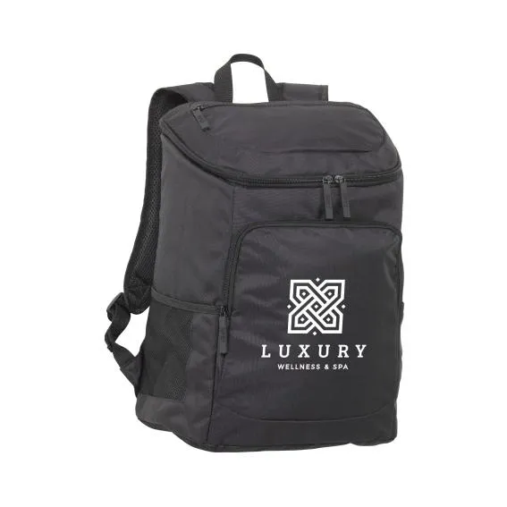 Musta kylmäreppu, jonka etutaskussa on valkoinen logopainatus.