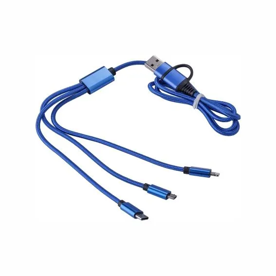 Sininen latauskaapeli, jossa USB- ja USB-C-pää sekä kolme liitintä: microUSB, USB-C ja Lightning.