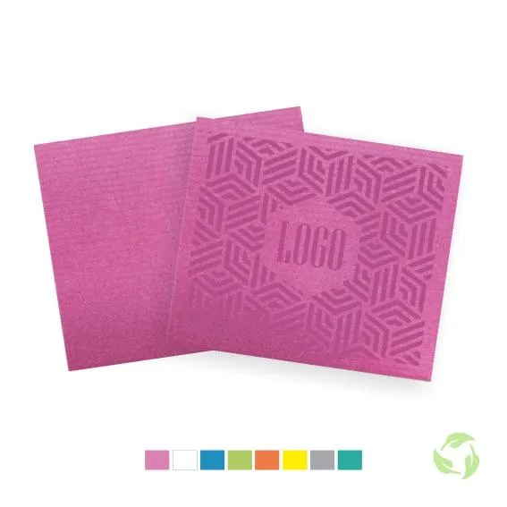 Pinkki tiskirätti, jonka pinnassa kuviopainatus ja logo.
