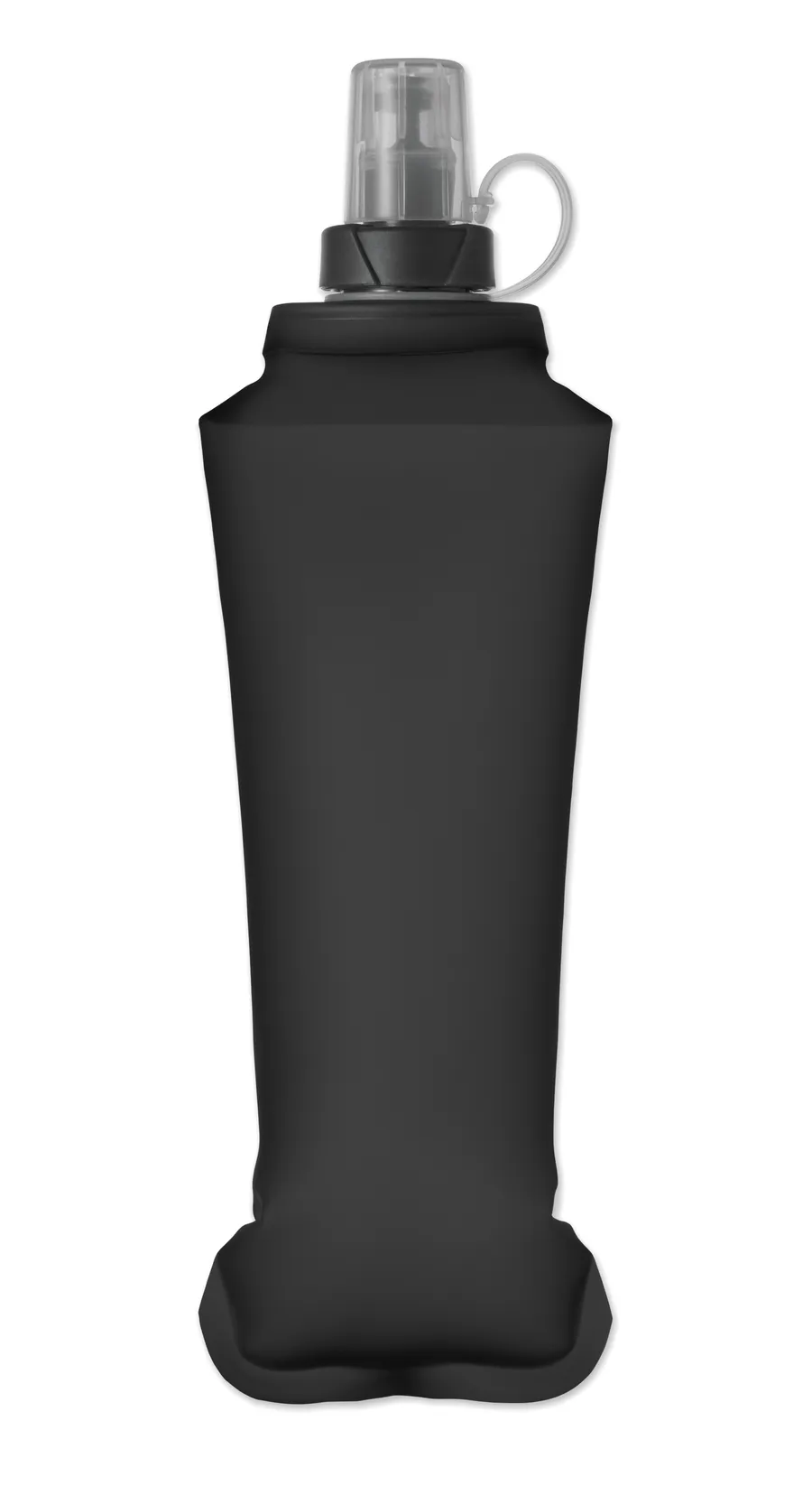 Musta taitettava 500 ml:n vesipullo, jossa läpinäkyvä purentaventtiili ja kannen kantolenkki.