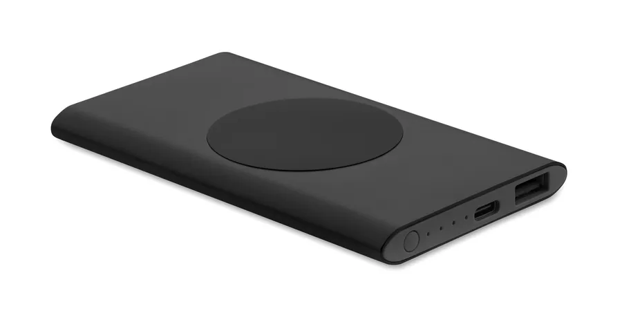 Musta POWERPLUS-varavirtalähde, jossa langattoman latauksen alue sekä USB-A- ja Type-C-liitännät.