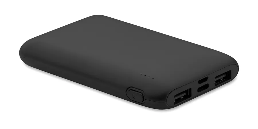 Musta litteä varavirtalähde, jonka päädyssä USB-portit ja yläpinnalla painike.
