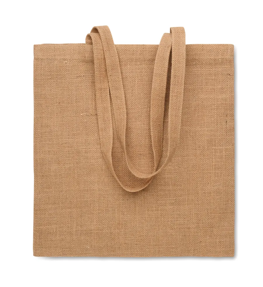 Beige juuttikassi pitkillä kahvoilla.