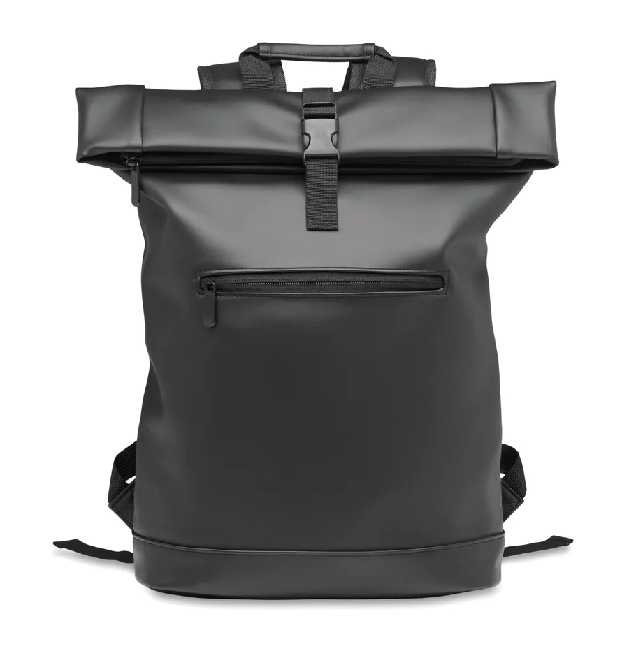 Musta rolltop-tietokonereppu, jossa soljellinen kiinnityshihna ja vetoketjullinen etutasku.