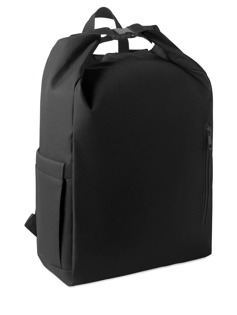 Musta UNITON rolltop-reppu, jossa vetoketjullinen sivutasku, joustava sivutasku ja säädettävät olkahihnat.