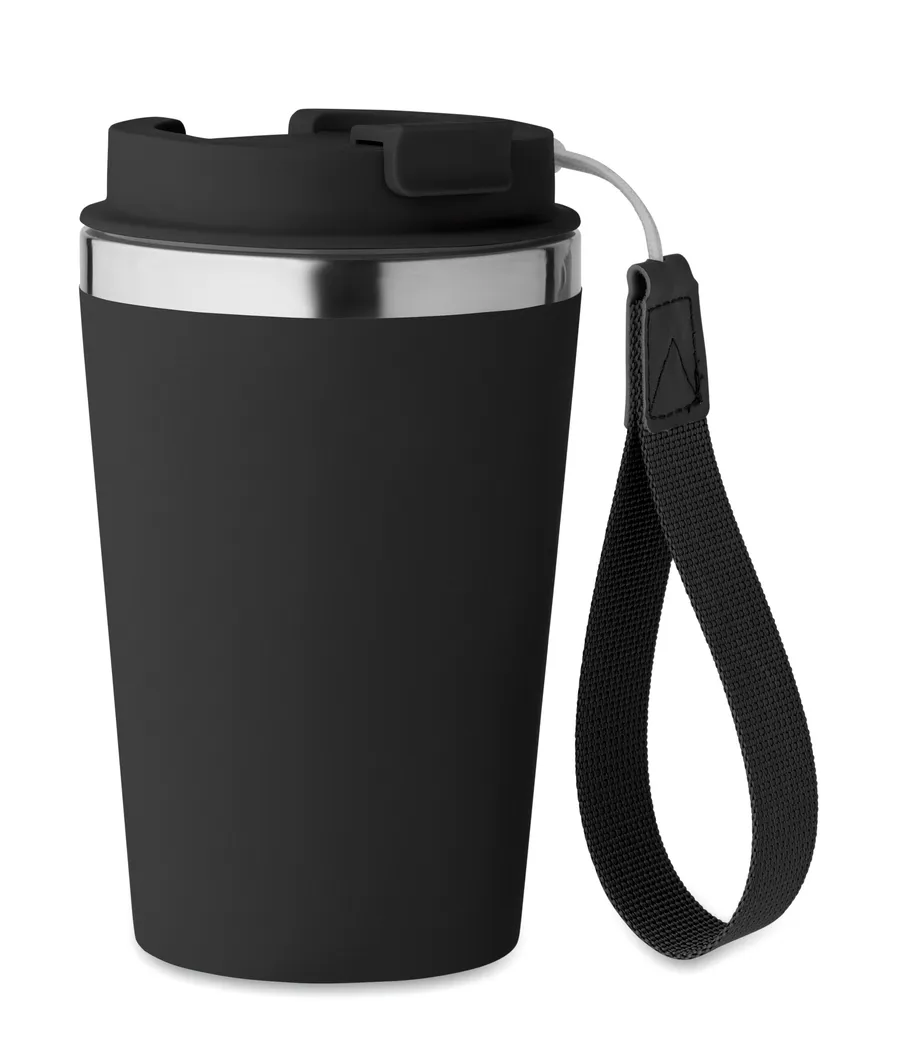 Musta kaksiseinäinen muki, jossa kansi ja musta rannehihna.