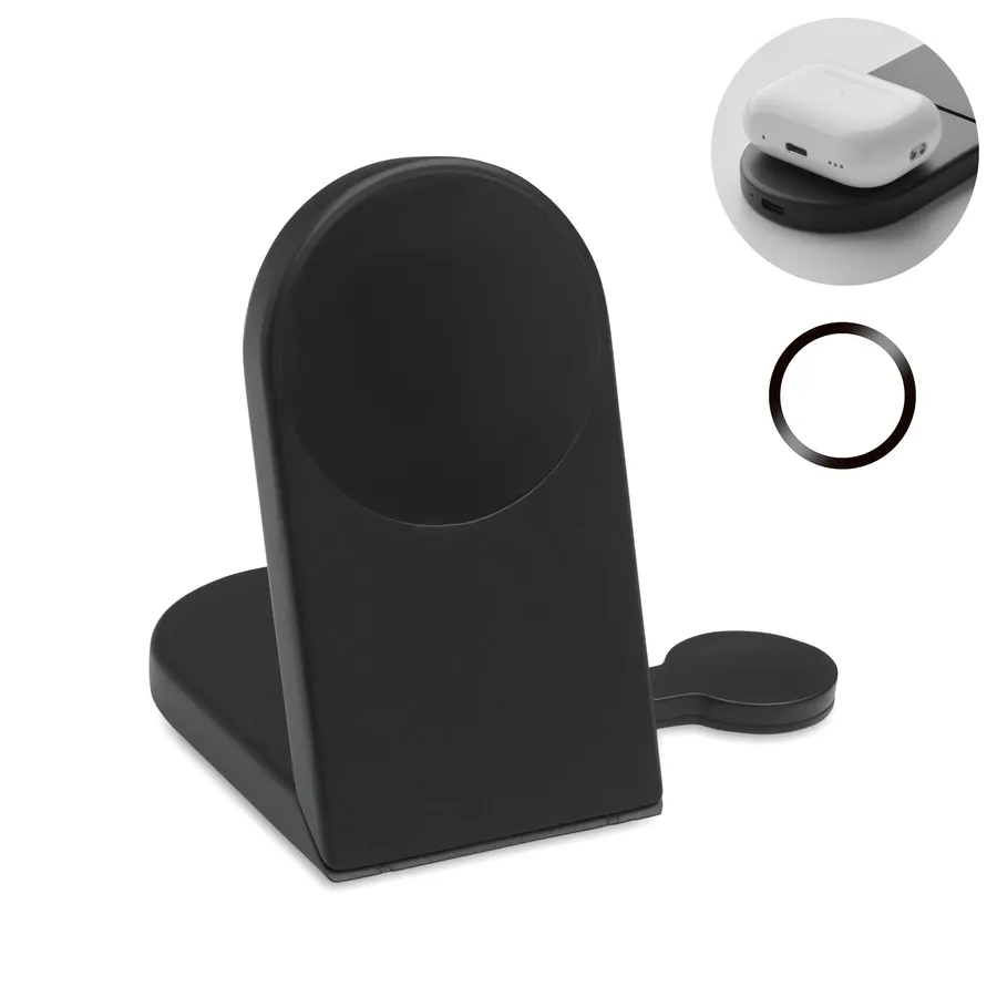 Musta taitettava 3-in-1 latausasema, joka toimii avattuna puhelimen telineenä.