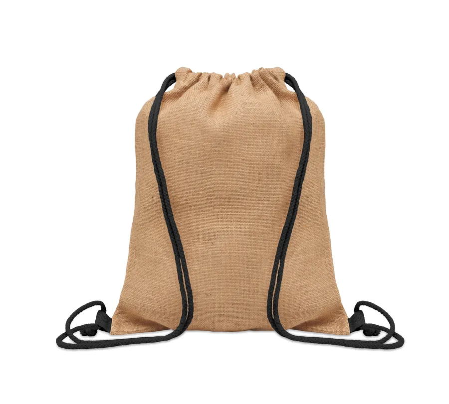 Beige juuttinen narureppu, jossa mustat kiristysnauhat.