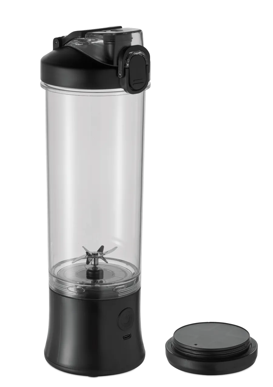 Musta kannettava smoothie-sekoitin, jossa läpinäkyvä sekoitusmuki, terä ja erillinen juomakansi.
