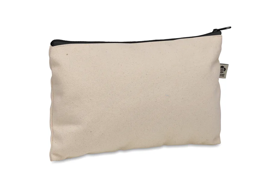 Beige kosmetiikkapussi, jossa on musta vetoketju.