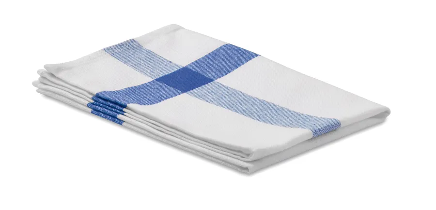 Taiteltu keittiöpyyhe, jossa on valkoinen pohja ja siniset raidat.
