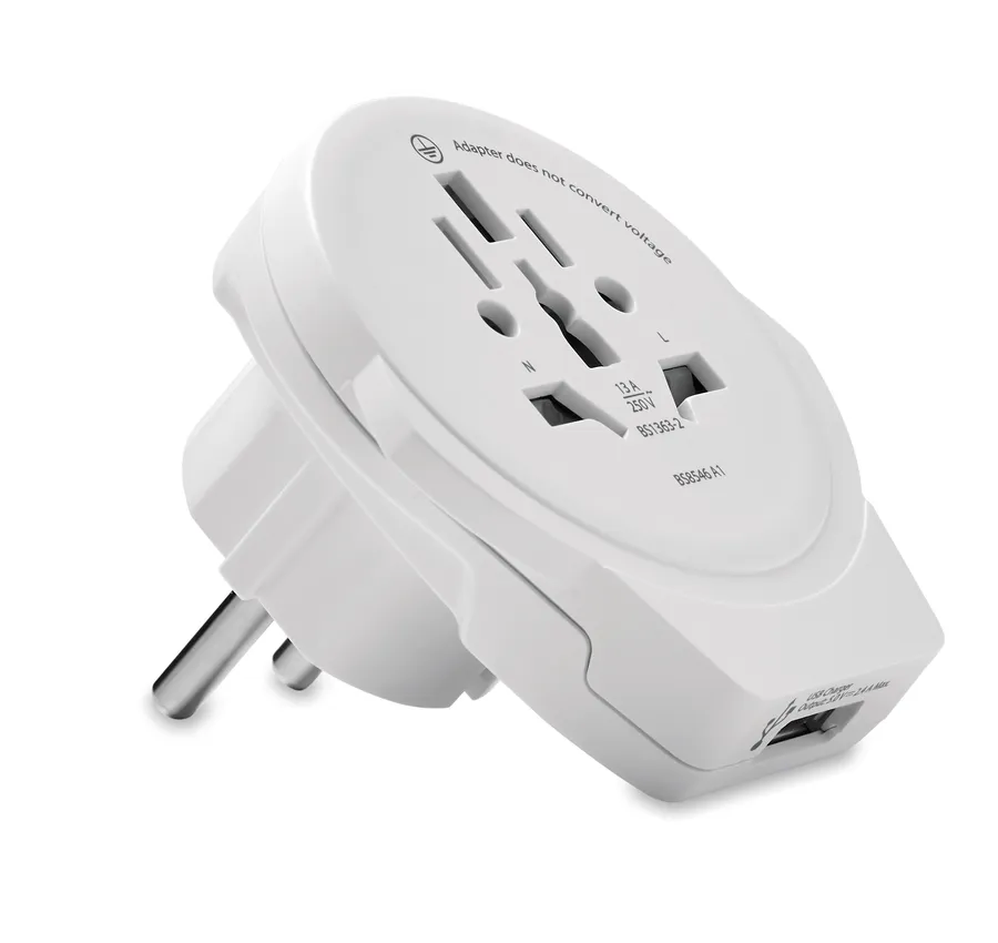 Valkoinen WORLD TO EUROPE -matka-adapteri, jossa on USB-A-portti ja eurooppalaiset pistoketapit.