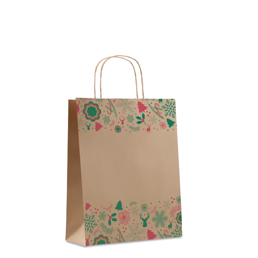 Beige paperinen lahjapussi, jossa punavihreä jouluaiheinen kuviointi ja kierretyt paperikahvat.