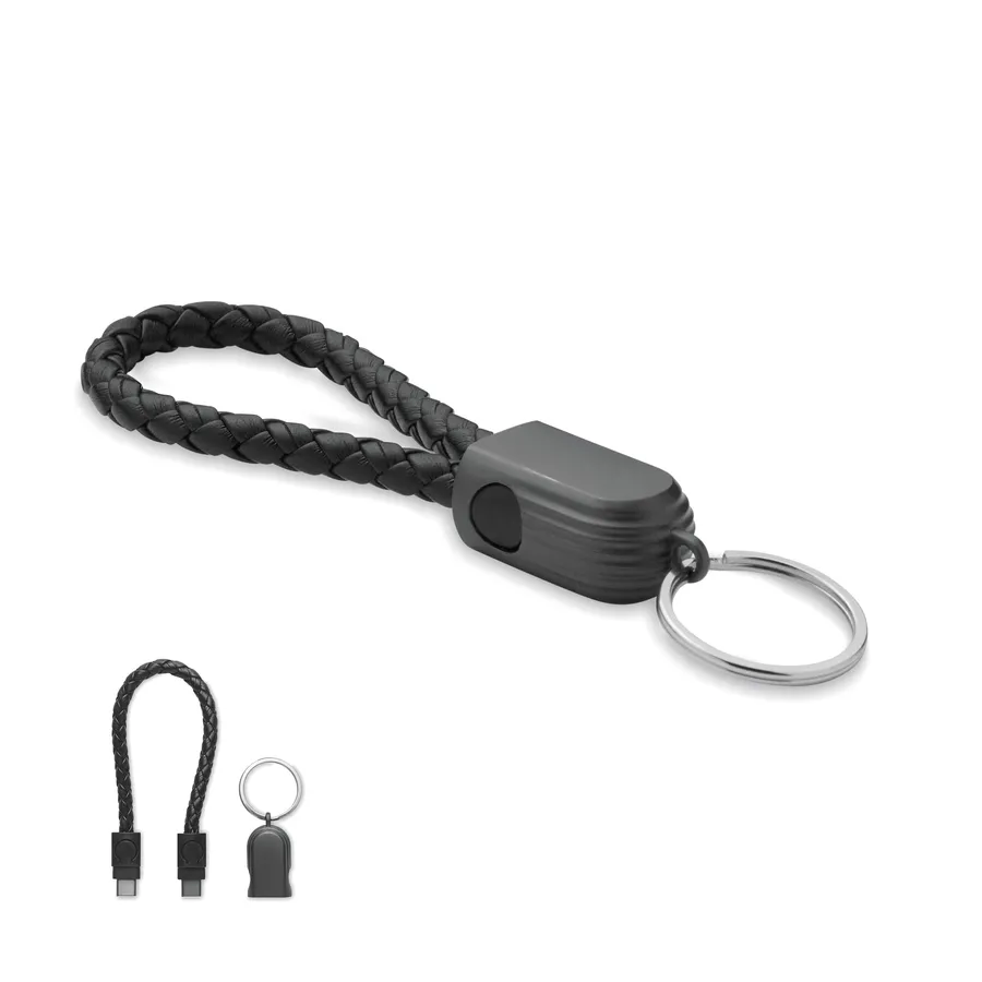 Musta avaimenperäkaapeli, jossa punottu PU-silmukka, avainrengas ja USB-C-liittimet.
